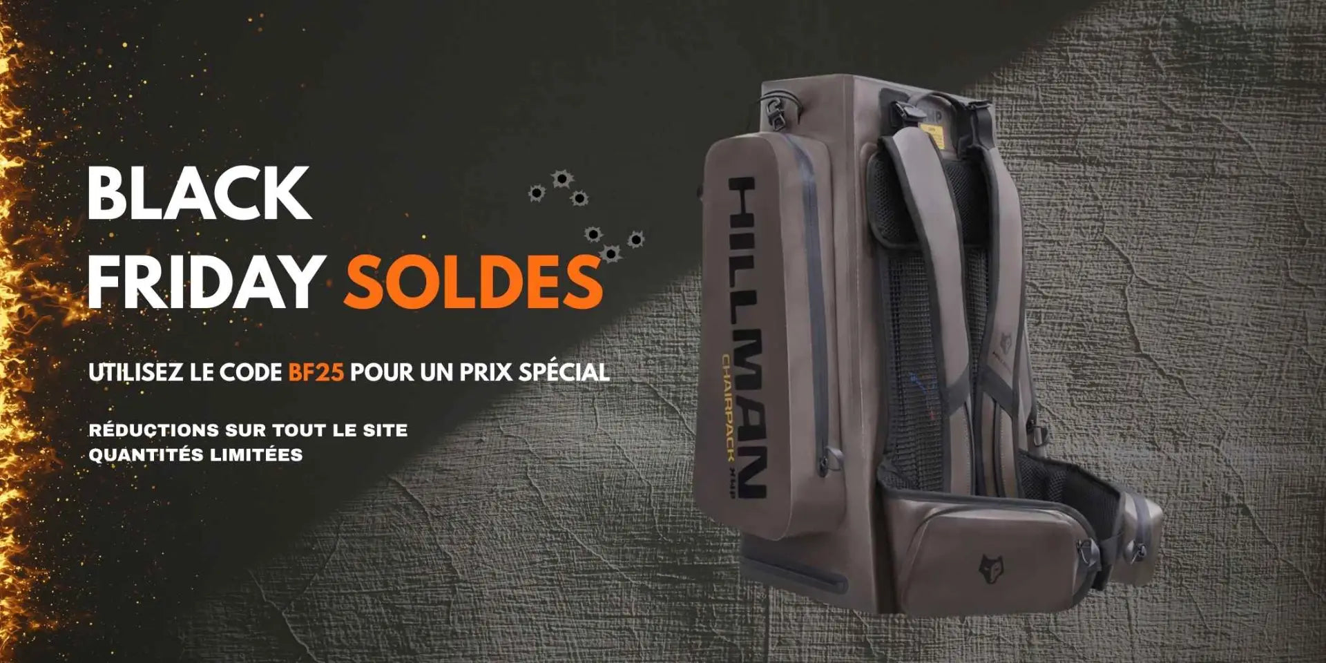 Bannière Black Friday soldes équipement de chasse Hillman avec sacs à dos et code promo BF25